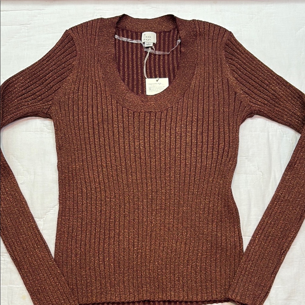 NWT‎ Brown and Gold Shimmer & Shine Ribbed Crew Neck Knit Sweater Size Large